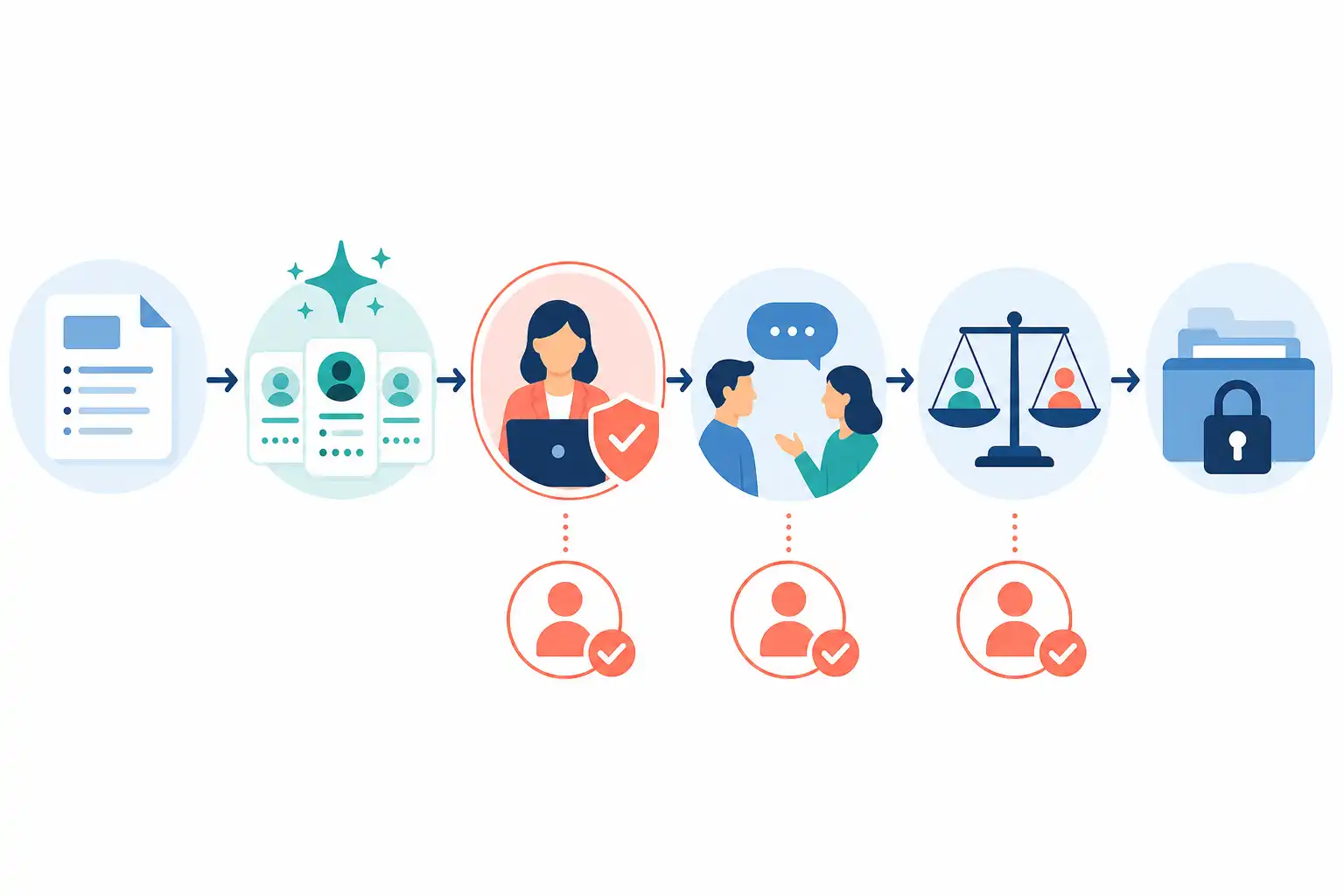 Infografik zu KI im Recruiting verantwortungsvoll einsetzen: Bewerbungen prüfen, Interviews vorbereiten, Menschen entscheiden lassen (KI-generiert)