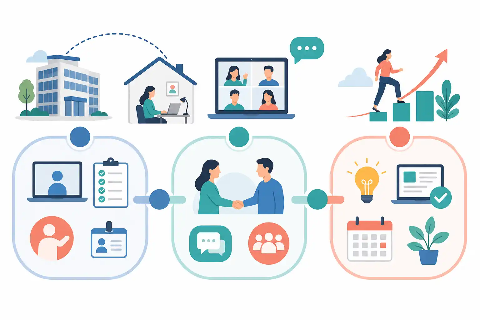 Infografik zu Onboarding im hybriden Team: Mit dem 30-60-90-Tage-Plan sicher ankommen (KI-generiert)