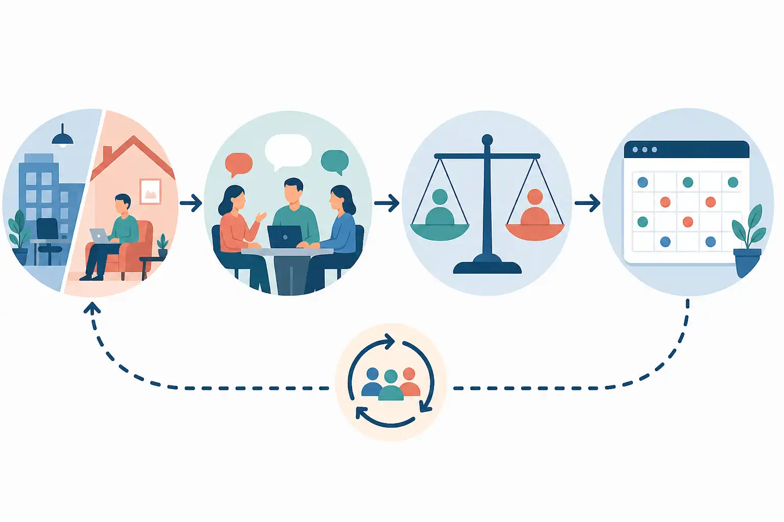 Infografik zu Rückkehr ins Büro fair gestalten: Präsenzregeln, die Teams mittragen (KI-generiert)